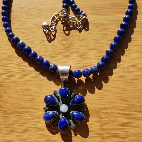 Jay King DTR mine finds Lapis necklace Lapis Agate flower pendant 925 Sterling S - Picture 5 of 8